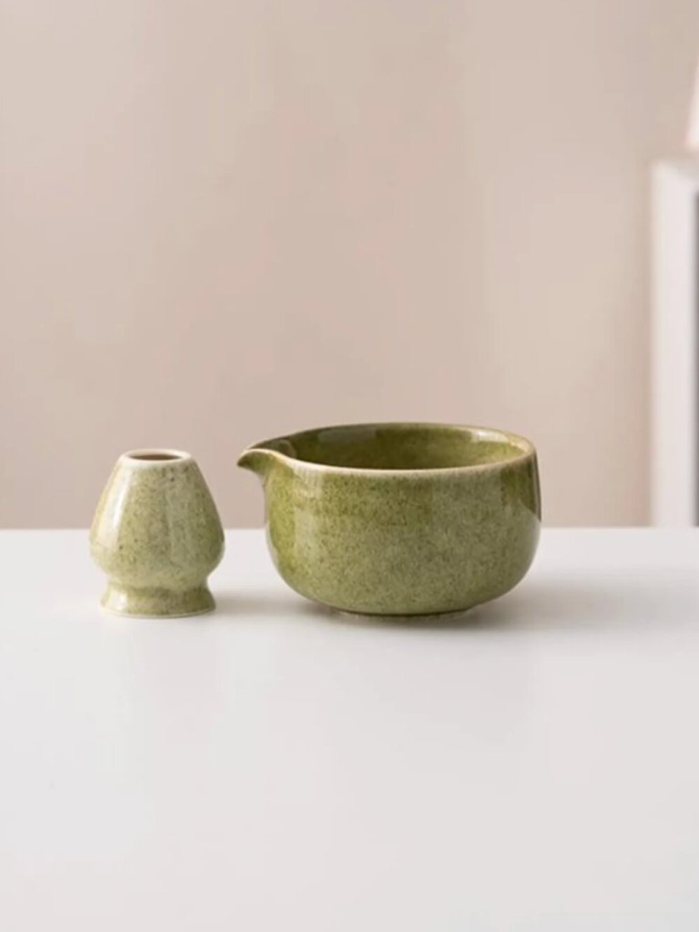 Green Ceramic Matcha Bowl Set with Spout and Chasen Holder
